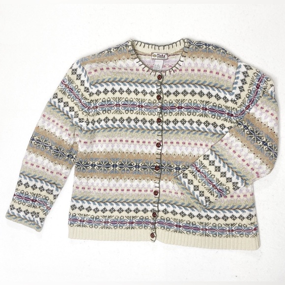 Tiara International Fair Isle Button Front Cardigan Sweater Nordic Pattern Large - Picture 1 of 5